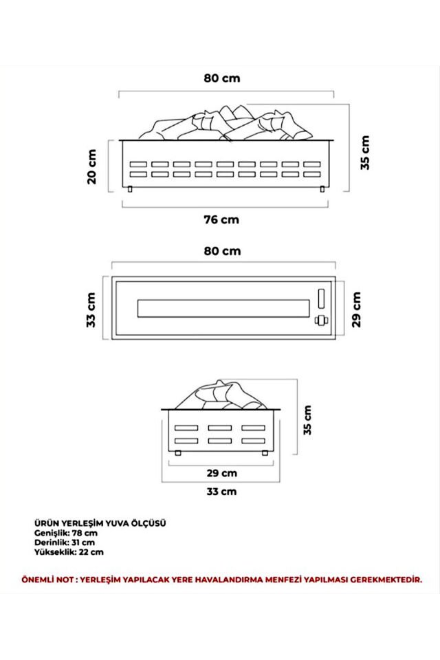 Vasko 80 cm 3 Boyutlu Elektrikli Şömine (Isısız, Ses Efektli)